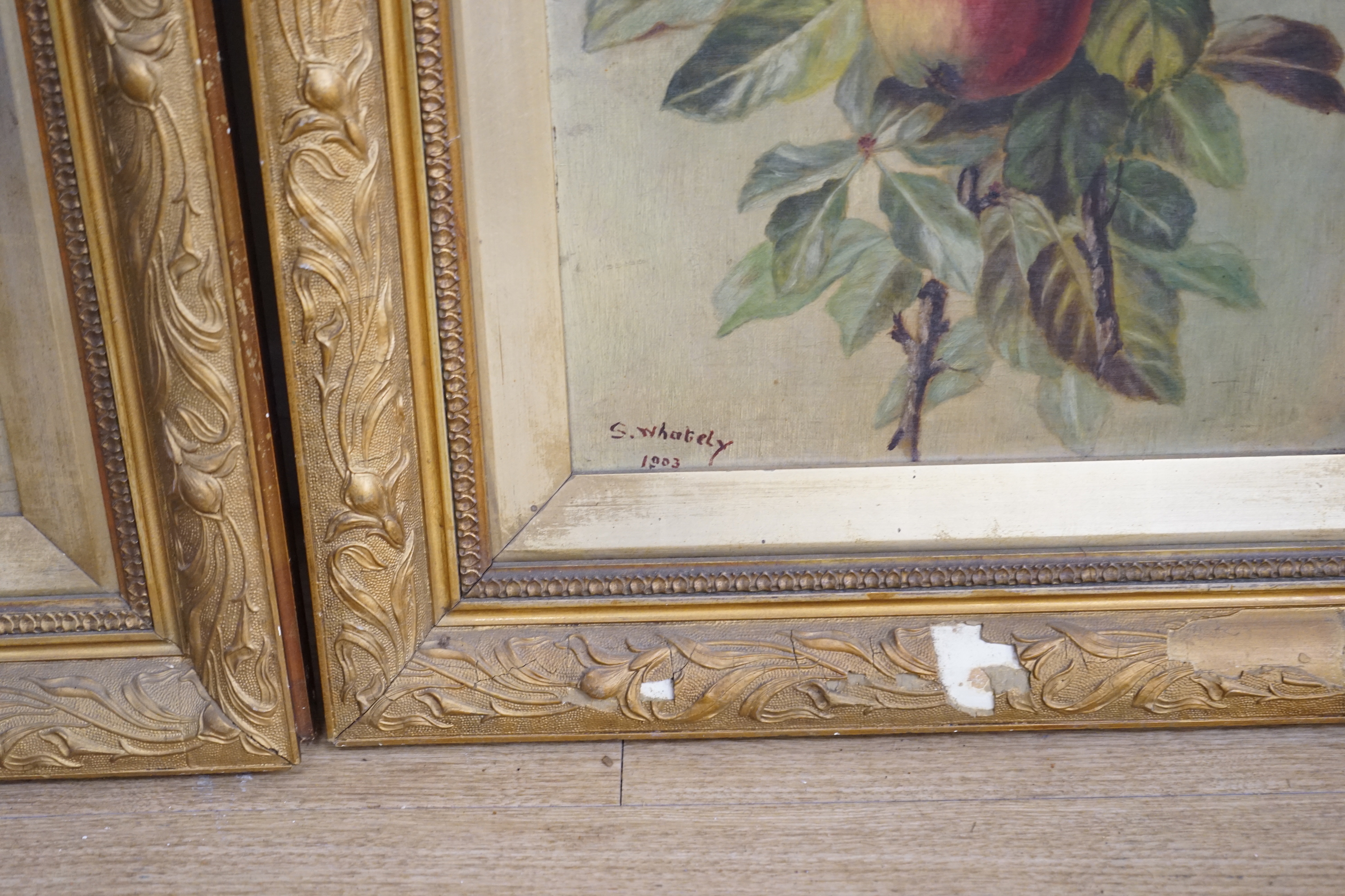 S. Whately, pair of oils on canvas, Still lifes of apples and pears, signed and dated 1903, 59 x 29cm